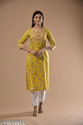 Yellow plus size printed cotton kurta with three-quarter sleeves, ideal for Indian fashion